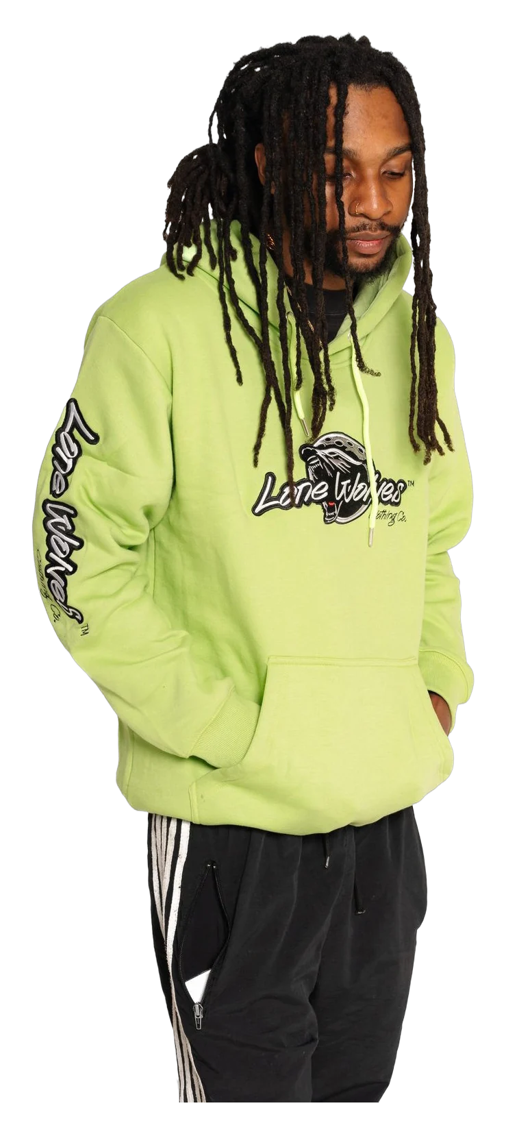 Man in a lime green Lone Wolves hoodie