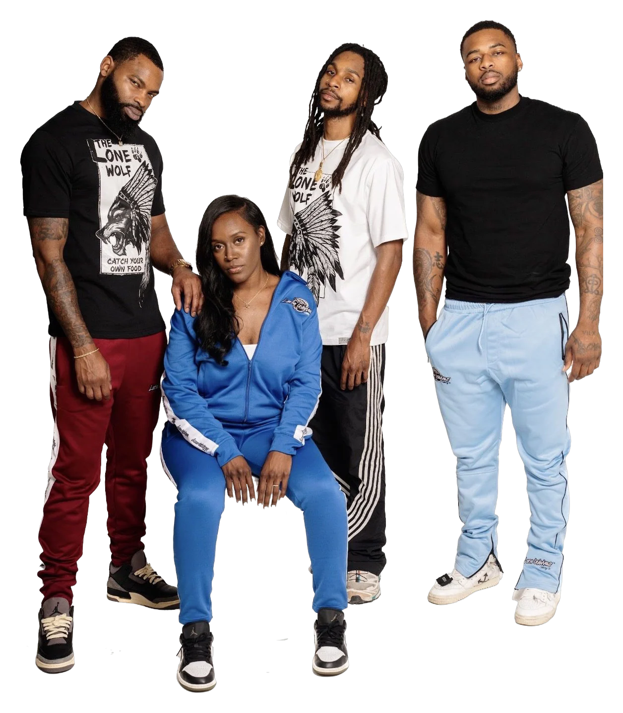 Five people together wearing Lone Wolves pieces